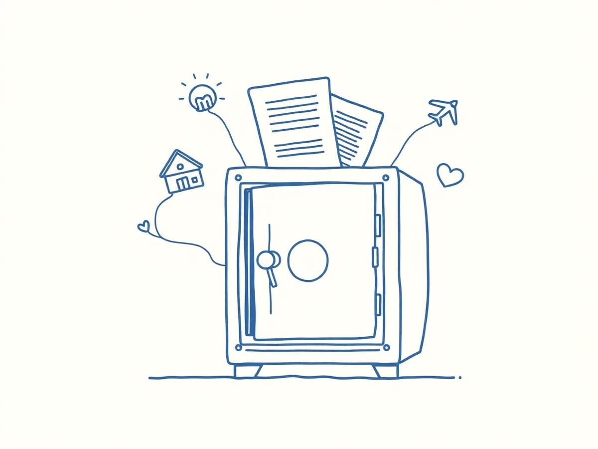 Illustration of a secure vault holding insurance policy documents for health, travel and car.