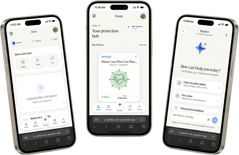 Three iPhones showing Fortress: Shadow AI chat, home dashboard, and document upload with AI extraction.